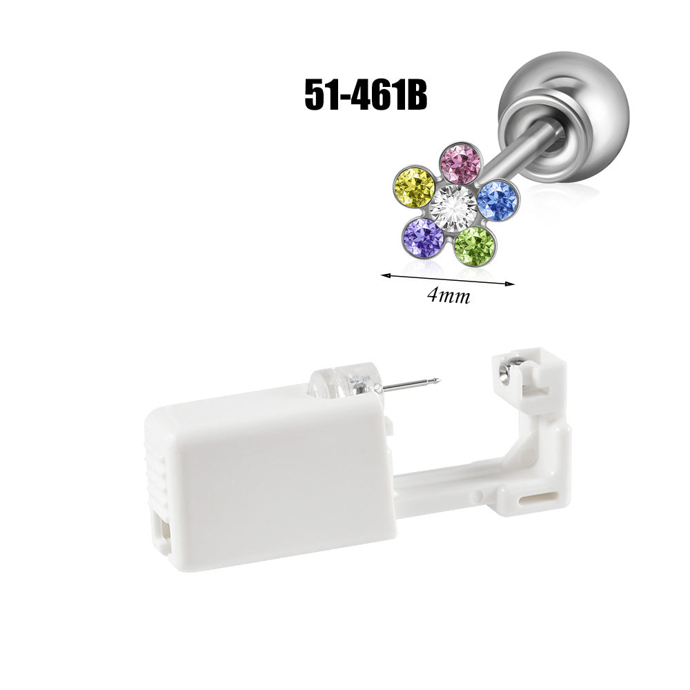 跨境不锈钢一次性耳洞打耳器耳钉花朵蝴蝶锆石头部球座一次打耳枪